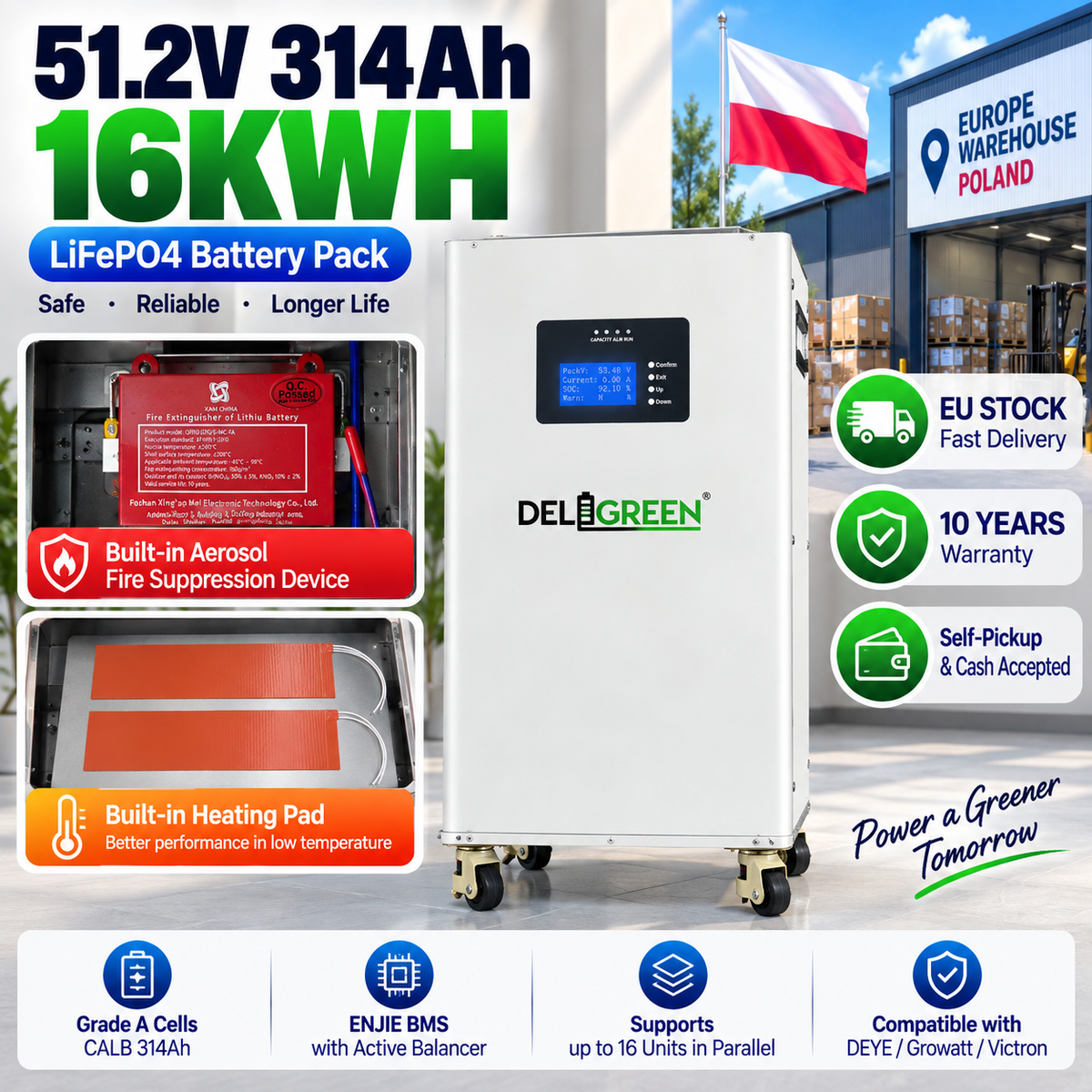 EU stock 16kWh 51.2V 314Ah LiFePO4 Battery Pack with Heating pad & fire extinguisher